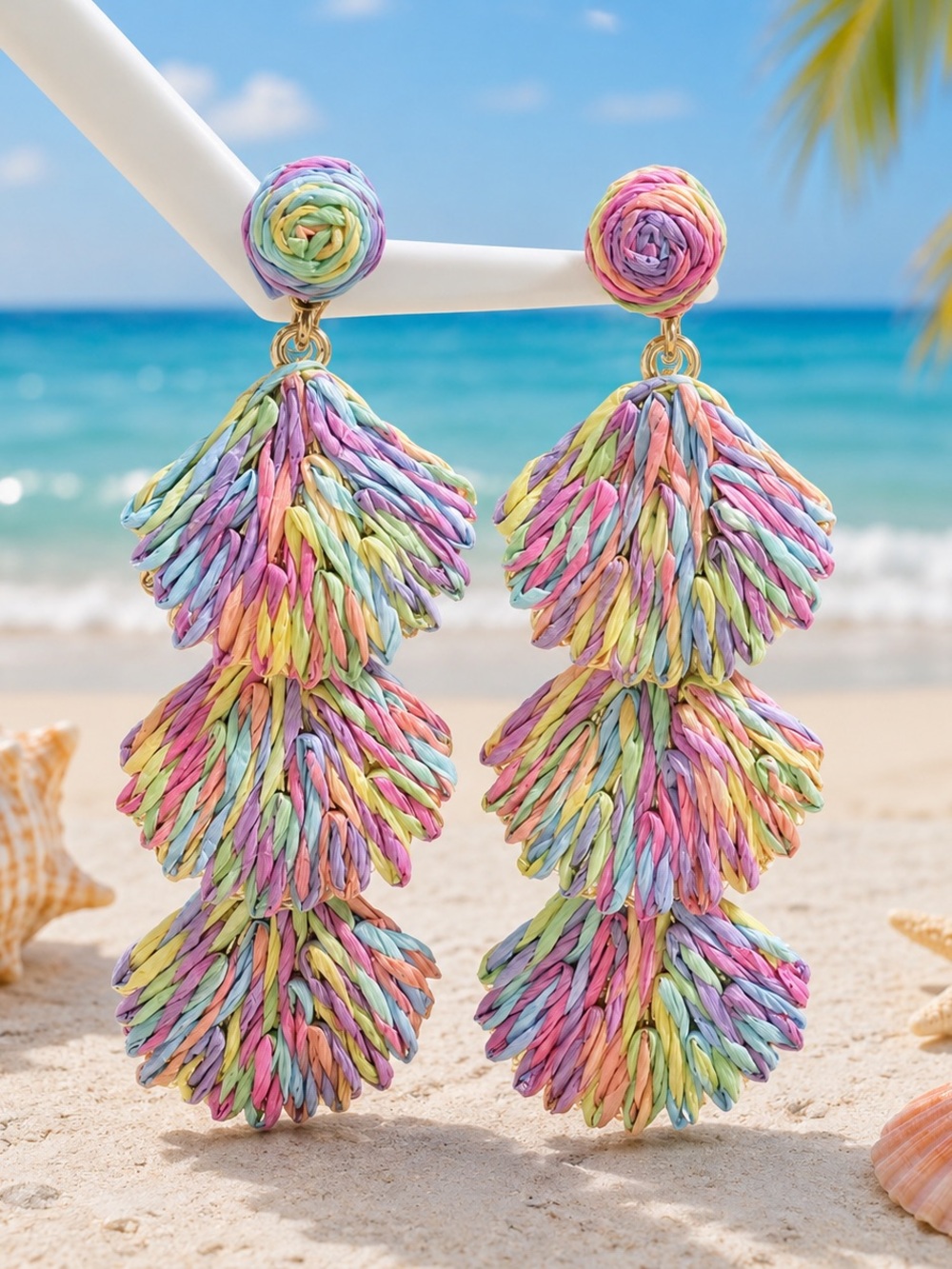 Pastel Multicolor Tiered Raffia Drop Earrings Boho Beach Astrid NWT